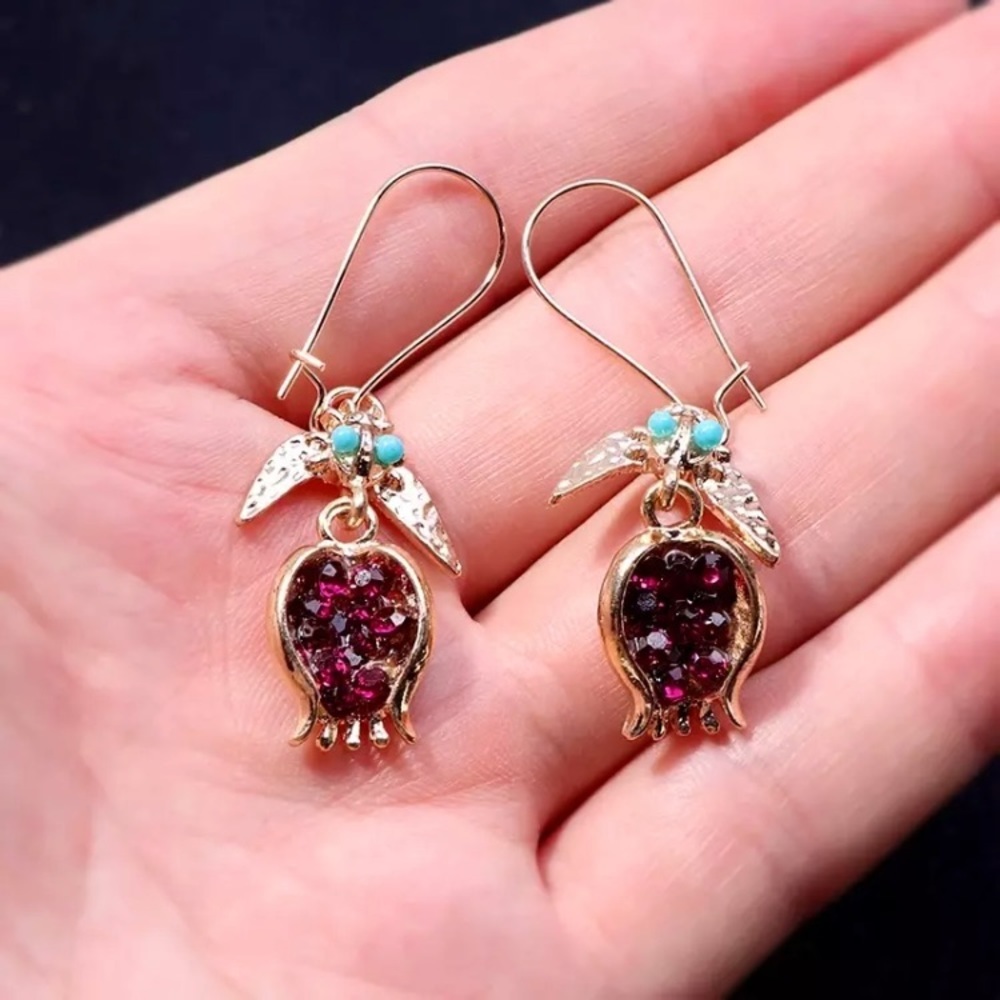 Jeweled Pomegranate Gold Dangle Unique Earrings - Picture 3 of 5